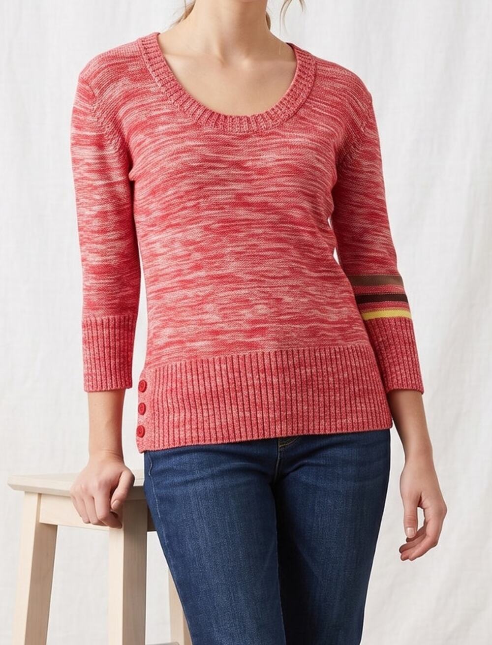 Lija Womens S Red Heathered Pink Knit Sweater 3/4 Sleeve Decorative Side Buttons